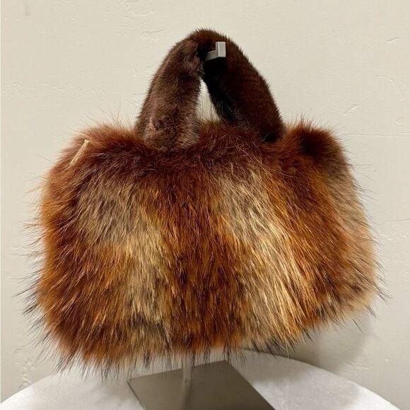 Brown Gradient Real Raccoon Fur & Fur Handles Satchel Bag/Crossbody - Picture 5 of 17